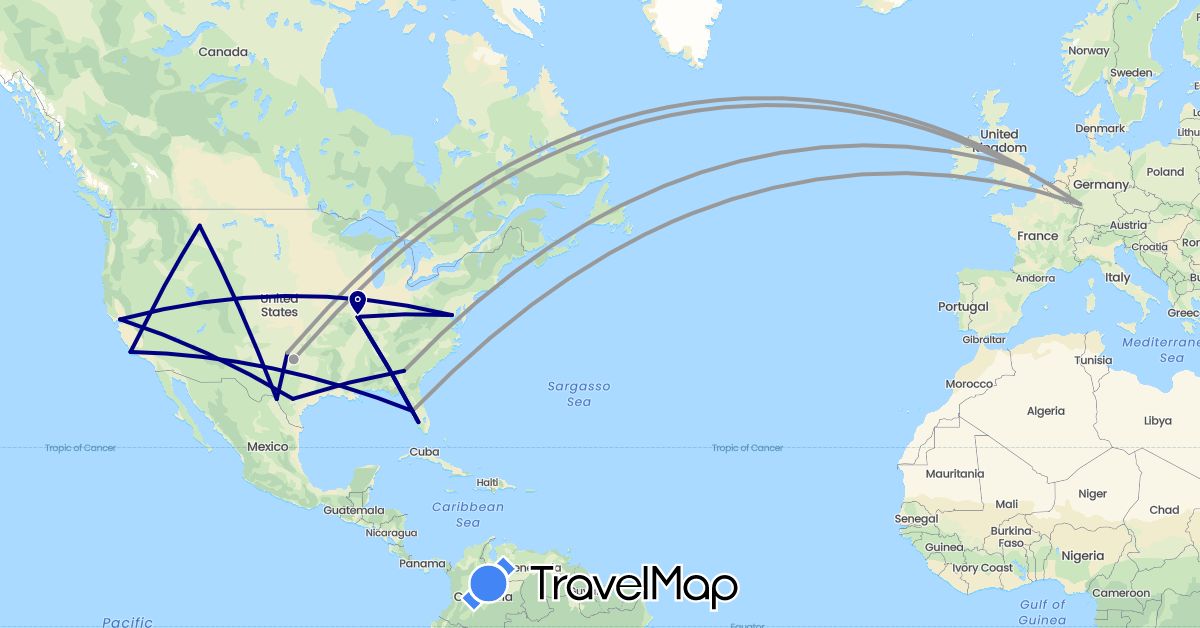 TravelMap itinerary: driving, plane in Germany, United Kingdom, United States (Europe, North America)